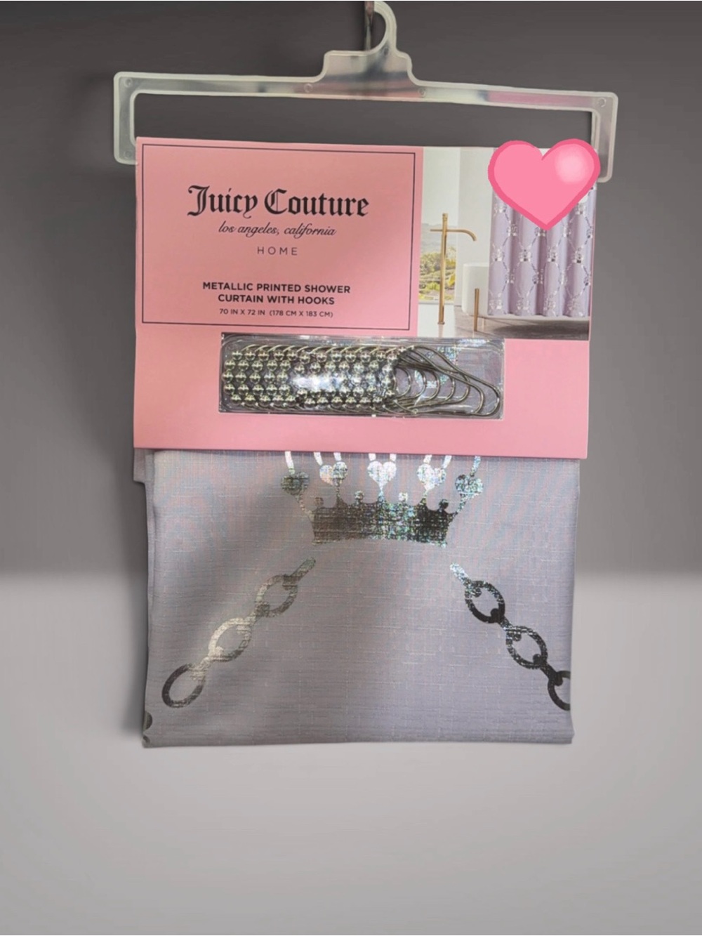 Juicy Couture Silver Metallic Printed Shower Curtain with Crown Motif
